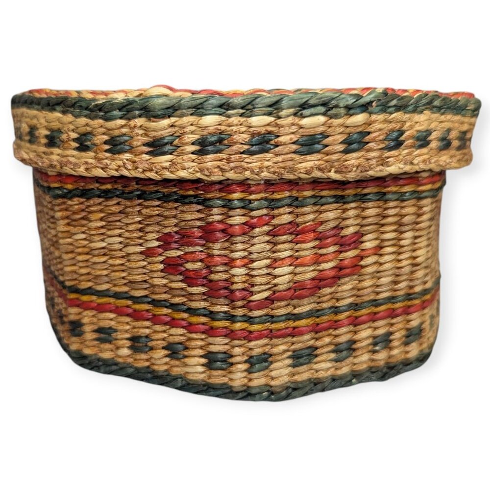 Vintage Sweetgrass Woven Basket & Matching Lid with Multicolor Pattern 6" x 3"